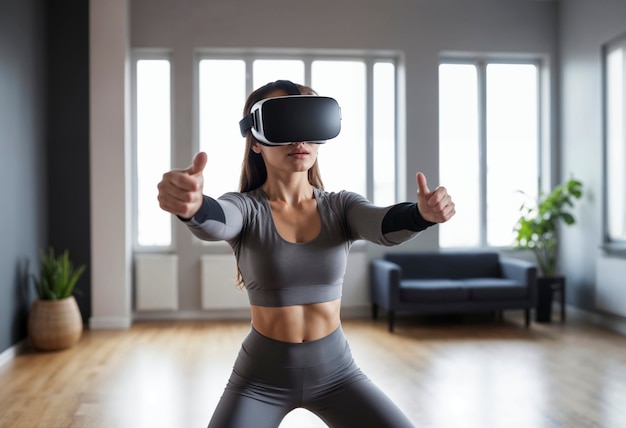 Medium shot woman doing fitness with vr glasses