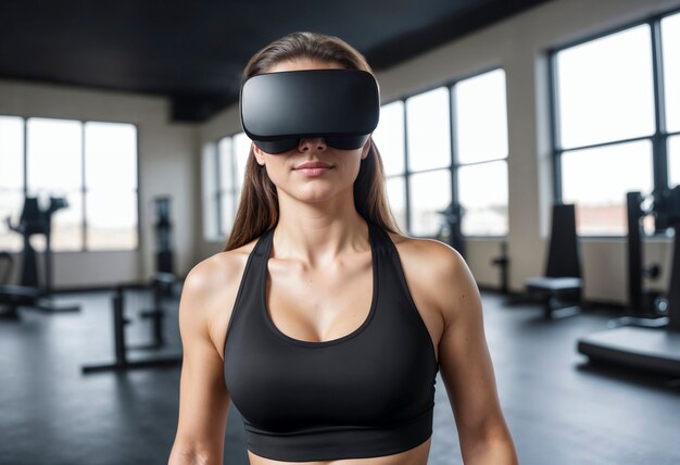 Женщина среднего размера занимается фитнесом в VR-очках