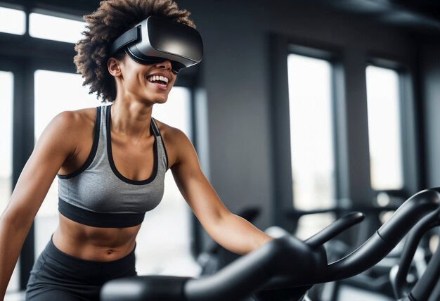 Medium shot woman doing fitness with vr glasses
