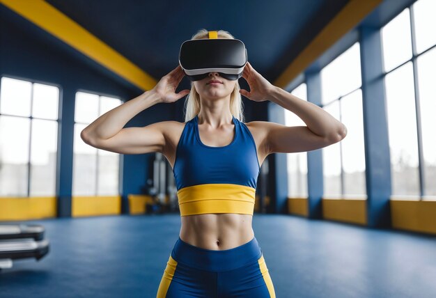 Medium shot woman doing fitness with vr glasses