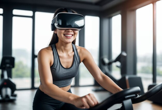 중간 의 여성이 VR 안경을 착용하여 피트니스를 하고 있습니다.