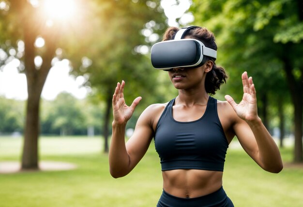 Женщина среднего размера занимается фитнесом в VR-очках