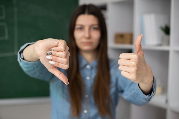 Medium shot woman expressing agreement and disagreement