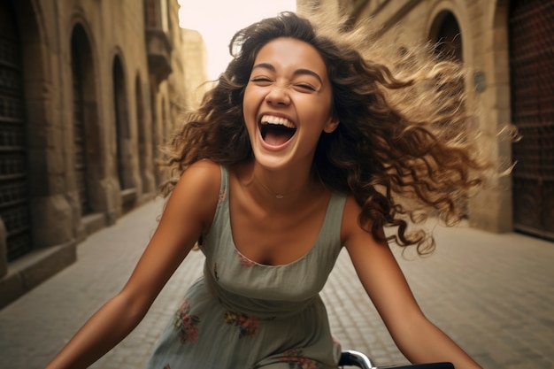 Una donna di taglio medio che si diverte in città.