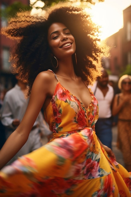 Medium shot woman having fun outdoors