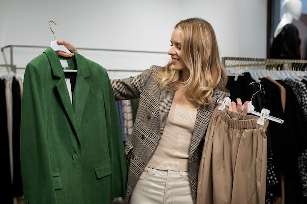 Medium shot woman holding clothing items