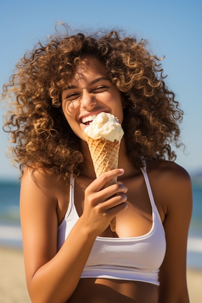 Medium shot woman holding delicious ice cream