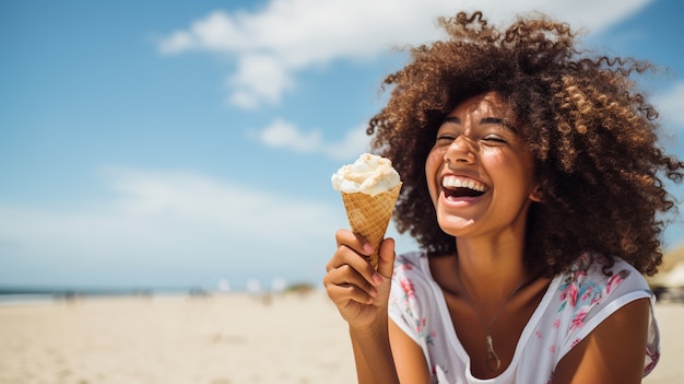 Medium shot woman holding delicious ice cream