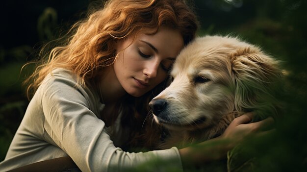 Donna con cane di tiro medio