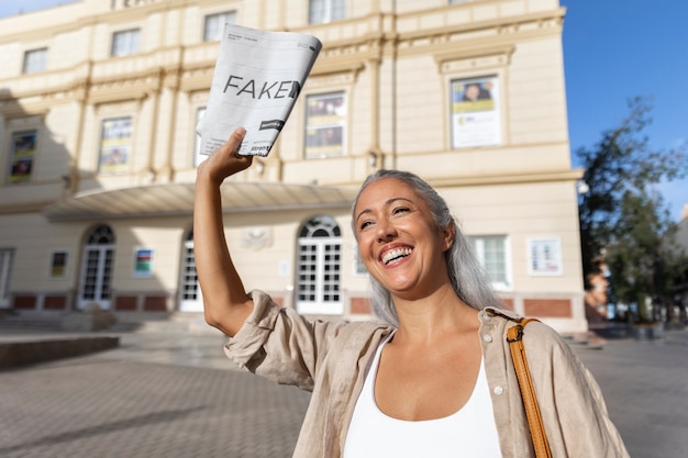 Medium shot woman holding newspaper