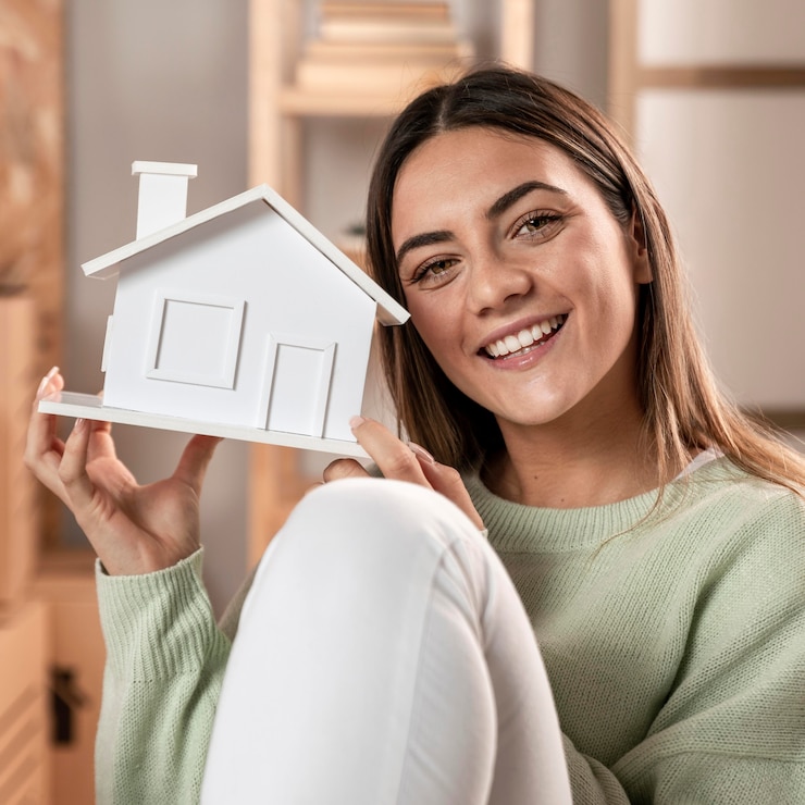 मुफ़्त फोटो medium shot woman holding small house
