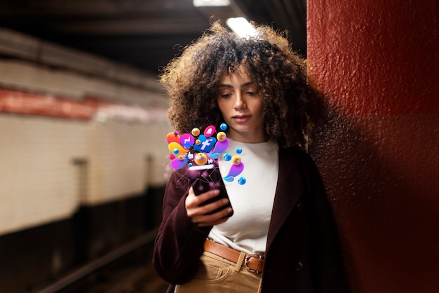 Smartphone della tenuta della donna del colpo medio