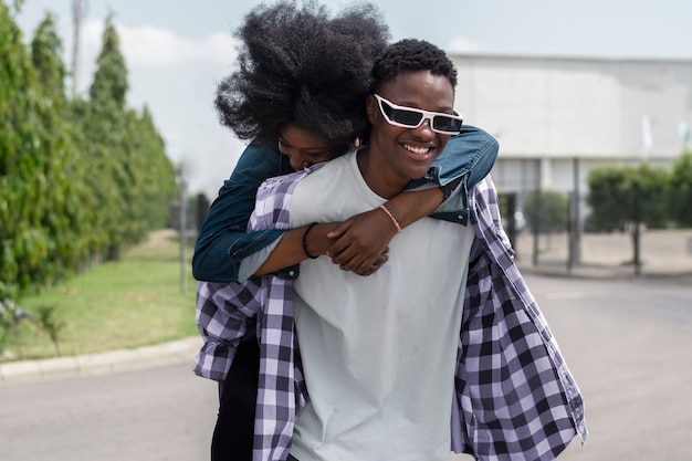 Medium shot woman hugging man