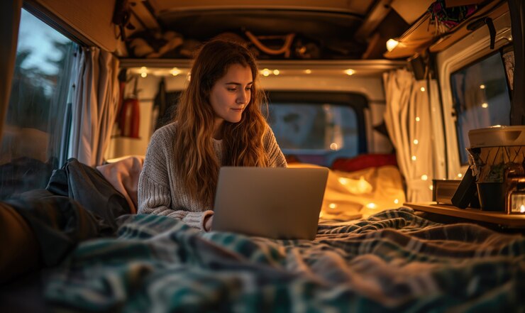 Free Photo medium shot woman living as a digital nomad