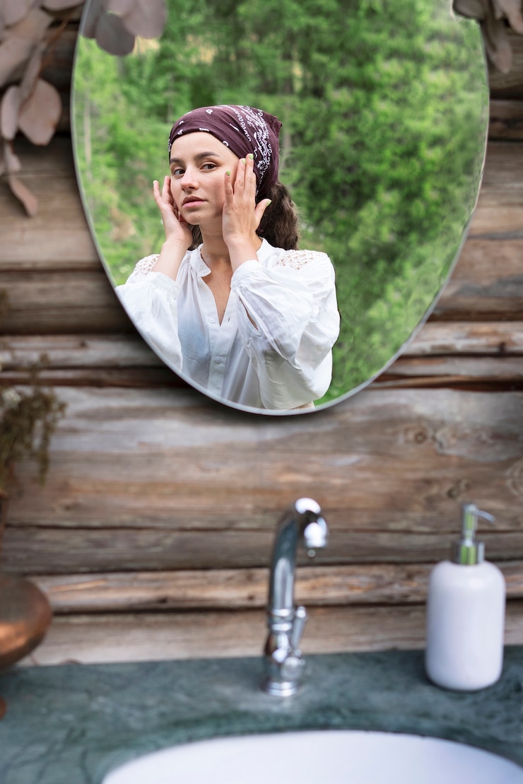 Free Photo medium shot woman looking in the mirror