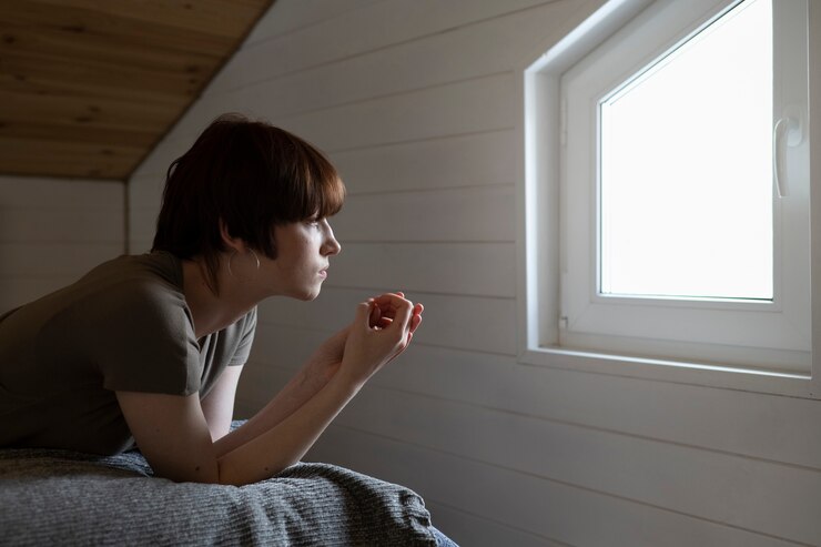 무료 Photo 중간 샷 여자 창 밖을 보면서