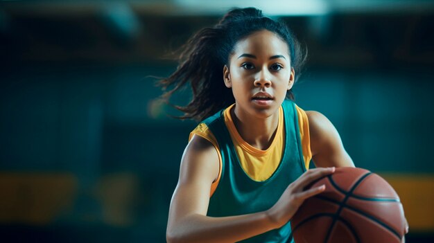 Женщина среднего роста играет в баскетбол
