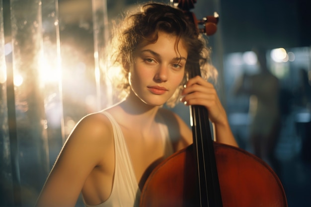 Женщина среднего роста играет на виолончели