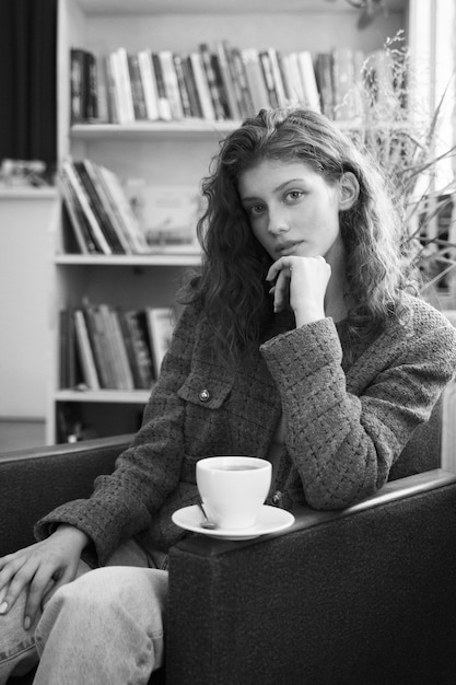 Free photo medium shot woman posing on chair black and white