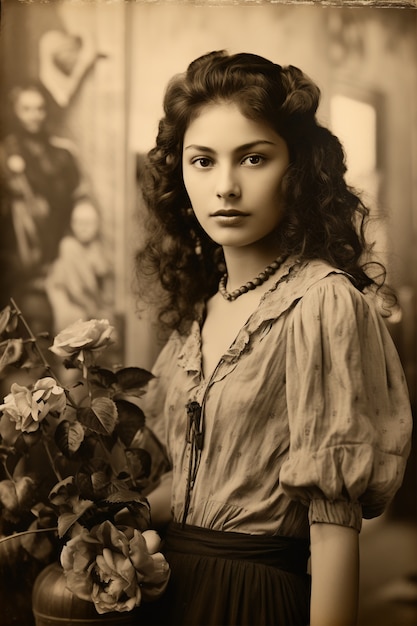 Free photo medium shot woman posing vintage portrait