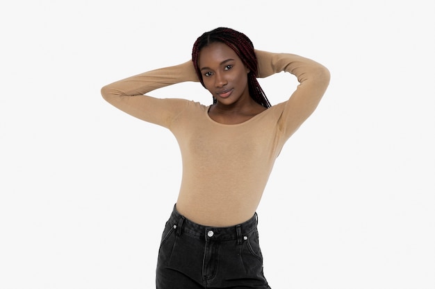 Medium shot woman posing with blank shirt