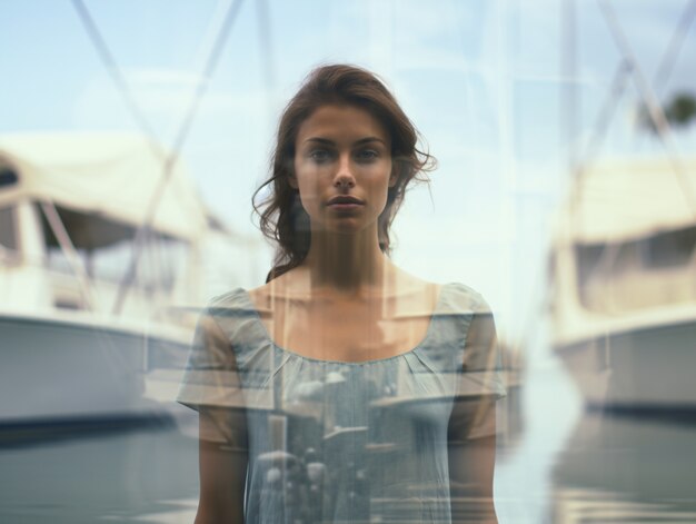 Medium shot woman posing with double exposure