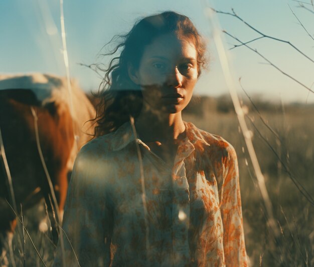 Medium shot woman posing with double exposure