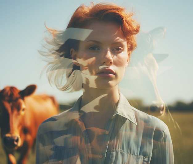 Medium shot woman posing with double exposure