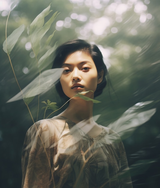 Free photo medium shot woman posing with double exposure