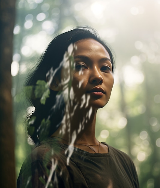 Medium shot woman posing with double exposure