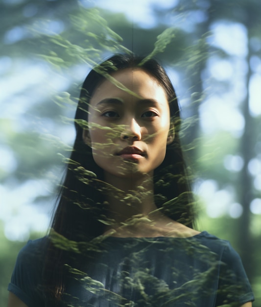 Free photo medium shot woman posing with double exposure