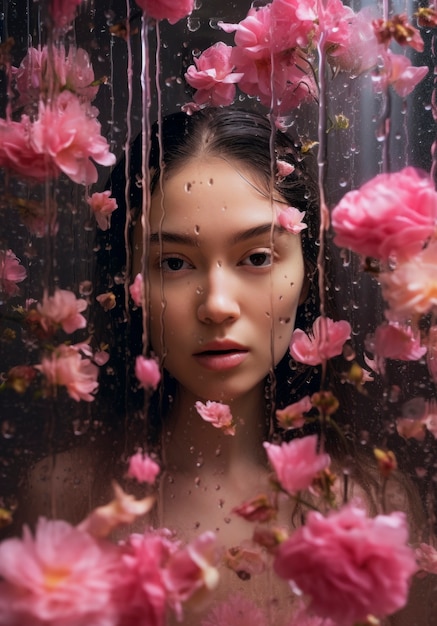 Free photo medium shot woman posing with flowers