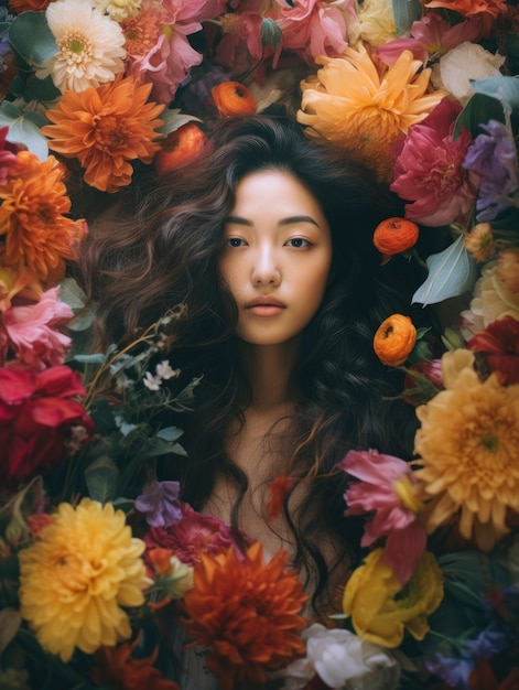 Medium shot woman posing with flowers