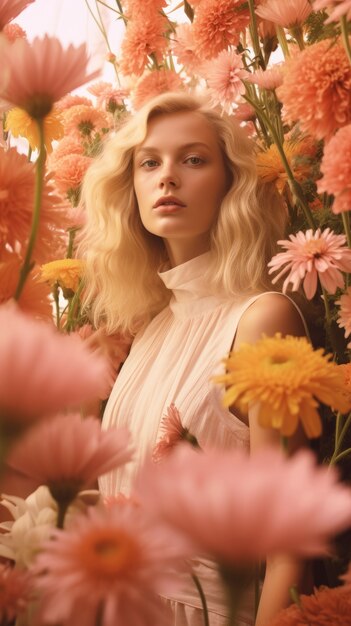 Medium shot woman posing with flowers