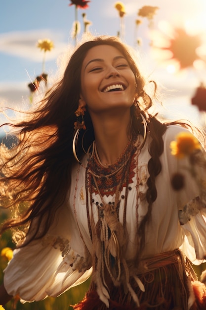 Medium shot woman posing with flowers