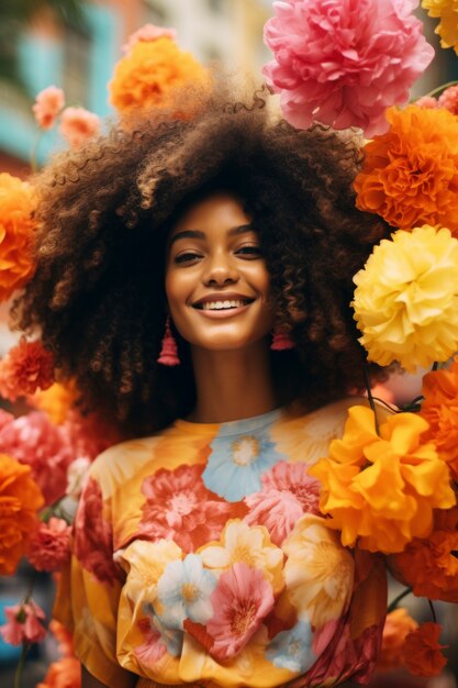 Medium shot woman posing with flowers