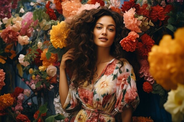 Medium shot woman posing with flowers