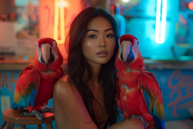 Medium shot woman posing with parrot