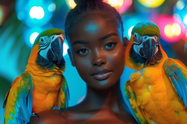 Foto gratuita donna di taglio medio che posa con un pappagallo