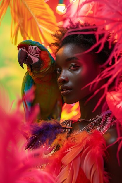 Medium shot woman posing with parrot