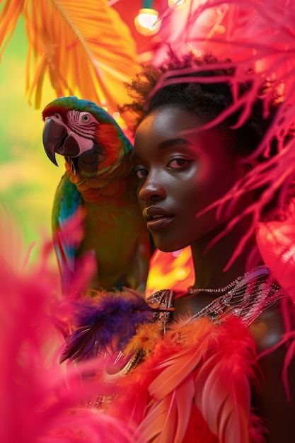 Medium shot woman posing with parrot