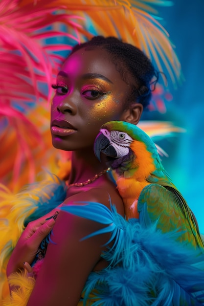 Medium shot woman posing with parrot
