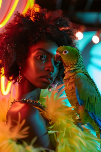 Medium shot woman posing with parrot