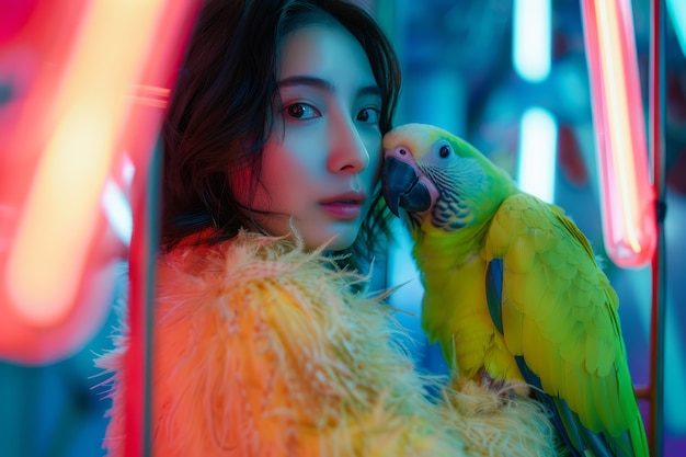 Free photo medium shot woman posing with parrot