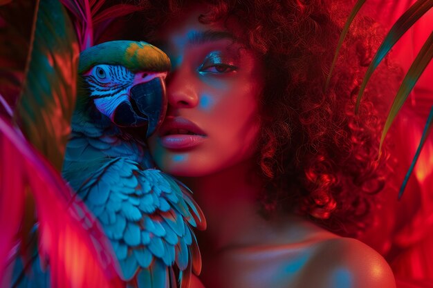 Medium shot woman posing with parrot