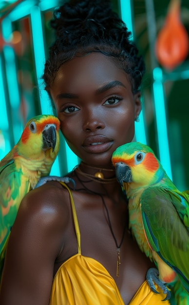 Medium shot woman posing with parrot