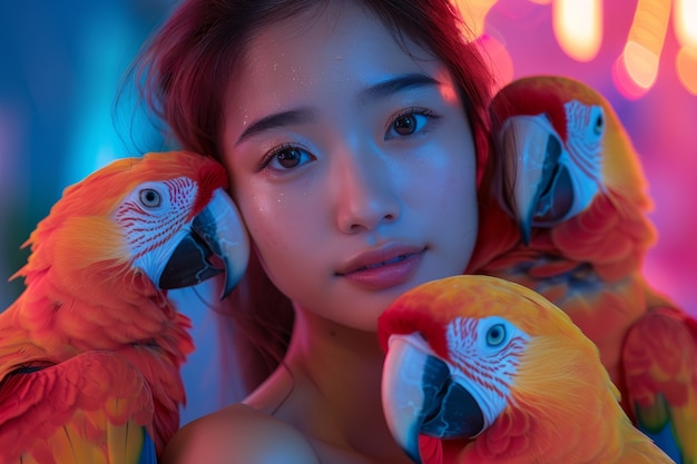 Free photo medium shot woman posing with parrot