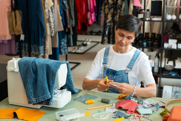 Foto gratuita donna del colpo medio che ripara articoli di moda