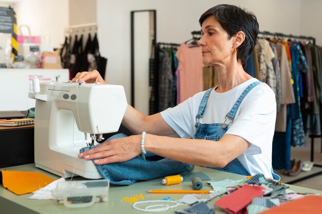 Donna del colpo medio che ripara articoli di moda