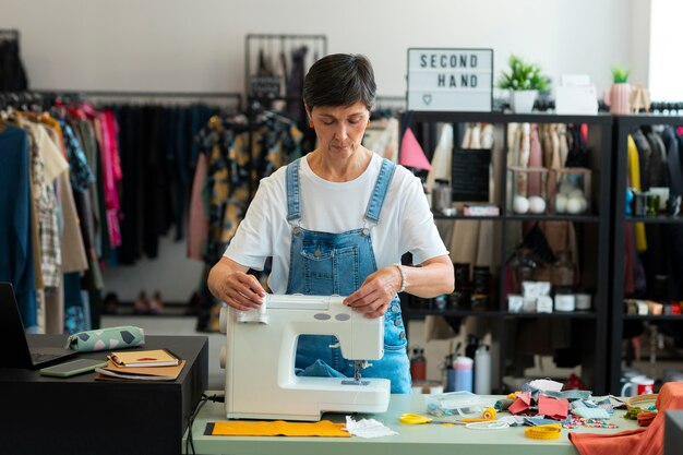 Free photo medium shot woman repairing fashion goods